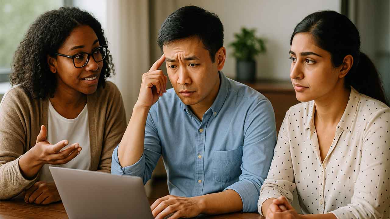 Business owner in a vendor meeting with an advisor beside them, reviewing a proposal